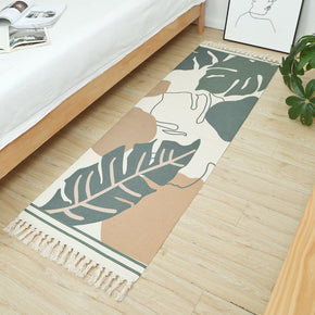 Green Leaf Pattern Cotton Area Rug with Tassel Hand Woven Floor Carpet Rug for Living Room Bedroom