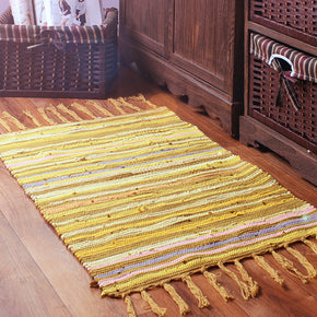 Eco-Friendly Handwoven Yellow Cotton Carpet With Tassel For Bedroom Bedside Kitchen Room Living Room Bathroom Absorbent Floor Mat