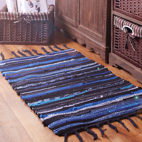 Blue Handmade Eco-Friendly Cotton Striped Carpet With Tassel For Bedroom Bedside Kitchen Living Room Bathroom Absorbent Floor Mat