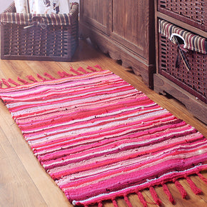 Red Handwoven Eco-Friendly Cotton Striped Carpet With Tassel For Bedroom Bedside Kitchen Living Room Bathroom Absorbent Floor Mat