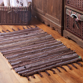 Eco-Friendly Brown Handmade Cotton Striped Carpet With Tassel For Bedroom Bedside Kitchen Living Room Bathroom Absorbent Floor Mat