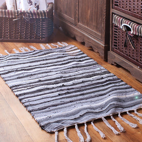 Grey Handmade Eco-Friendly Cotton Striped Carpet With Tassel For Bedroom Bedside Kitchen Living Room Bathroom Absorbent Floor Mat