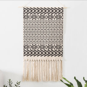 Black Moroccan Geometric Pattern Cotton Hanging Rugs Tapestry with Tassel Handwoven for Bedroom Living Room Hall Wall Decor Art Tapestries