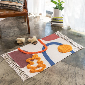 Orange Warm Cotton Vintage Striped Area Rug with Tassel Hand Woven Floor Carpet Rug for Living Room Bedroom