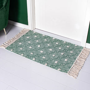 Green Geometric Vintage  Cotton Warm Striped Area Rug with Tassel Hand Woven Floor Carpet Rug for Bedroom Living Room