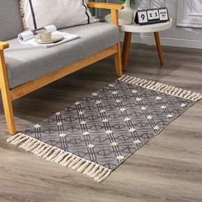 Grey Geometric Vintage  Cotton Warm Striped Area Rug with Tassel Hand Woven Floor Carpet Rug for Bedroom Living Room
