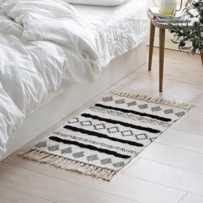 Vintage Warm Black Striped Geometric Cotton Area Rug with Tassel Hand Woven Floor Carpet Rug for Bedroom Living Room