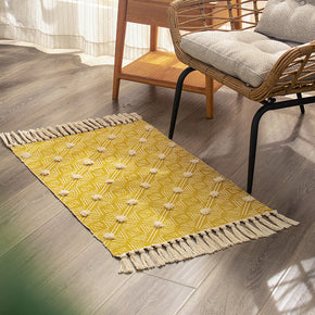 Yellow Vintage Warm Striped Geometric Cotton Area Rug with Tassel Hand Woven Floor Carpet Rug for Bedroom Living Room