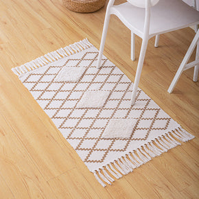 Brown Vintage Warm Striped Geometric Cotton Area Rug with Tassel Hand Woven Floor Carpet Rug for Bedroom Living Room