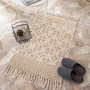 Floral Vintage Warm Brown Striped Geometric Cotton Area Rug with Tassel Hand Woven Floor Carpet Rug for Bedroom Living Room