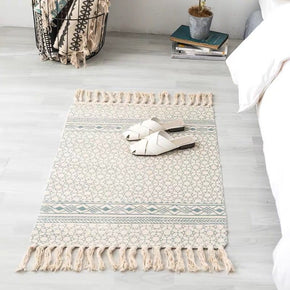 Blue Vintage Warm Striped Geometric Cotton Area Rug with Tassel Hand Woven Floor Carpet Rug for Bedroom Living Room