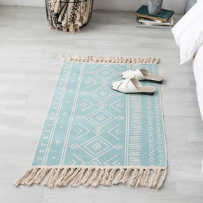 Vintage Warm Blue Striped Geometric Cotton Area Rug with Tassel Hand Woven Floor Carpet Rug for Bedroom Living Room