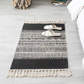Grey Vintage Warm Striped Geometric Cotton Area Rug with Tassel Hand Woven Floor Carpet Rug for Bedroom Living Room