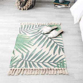 Green Leaves Vintage Warm Striped Geometric Cotton Area Rug with Tassel Hand Woven Floor Carpet Rug for Bedroom Living Room