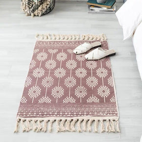 Pink Vintage Warm Striped Geometric Cotton Area Rug with Tassel Hand Woven Floor Carpet Rug for Bedroom Living Room