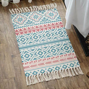 Vintage Warm Green Striped Geometric Cotton Area Rug with Tassel Hand Woven Floor Carpet Rug for Bedroom Living Room