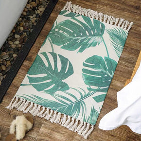 Vintage Warm Leaves Striped Geometric Cotton Area Rug with Tassel Hand Woven Floor Carpet Rug for Bedroom Living Room