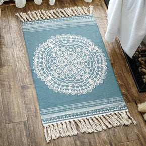 Vintage Blue Moroccan Cotton Striped Geometric Warm Area Rug with Tassel Hand Woven Floor Carpet Rug for Living Room Bedroom