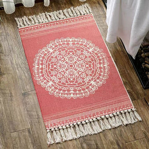 Red Vintage Moroccan Cotton Striped Geometric Warm Area Rug with Tassel Hand Woven Floor Carpet Rug for Living Room Bedroom