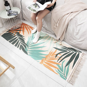 Multicolour Leaves Pattern Cotton Area Rug with Tassel Handwoven Floor Carpet Rug for Living Room Bedroom
