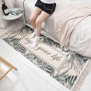 Green Leaves Pattern Cotton Area Rug with Tassel Handwoven Floor Carpet Rug for Living Room Bedroom