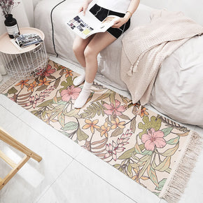 Flowers Leaves Pattern Cotton Area Rug with Tassel Handwoven Floor Carpet Rug for Living Room Bedroom