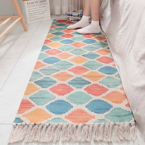 Multicolour Geometric Pattern Cotton Area Rug with Tassel Handwoven Floor Carpet Rug for Living Room Bedroom
