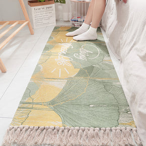Green Ginkgo Leaves Pattern Cotton Area Rug with Tassel Handwoven Floor Carpet Rug for Living Room Bedroom
