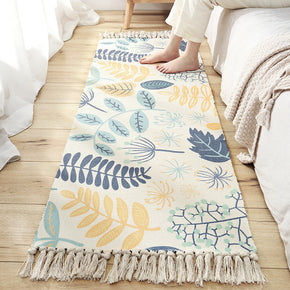Multicolour Plants Pattern Cotton Area Rug with Tassel Handwoven Floor Carpet Rug for Living Room Bedroom