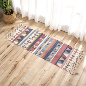 Colourful Geometric Pattern Cotton Linen Area Rug with Tassel Hand Woven Floor Carpet Rug for Living Room Bedroom