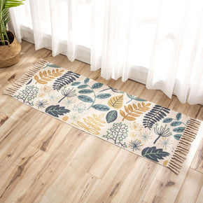 Multicolour Plant Pattern Cotton Linen Area Rug with Tassel Hand Woven Floor Carpet Rug for Living Room Bedroom