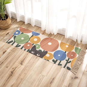 Colour Circle Flowers Pattern Cotton Linen Area Rug with Tassel Hand Woven Floor Carpet Rug for Living Room Bedroom