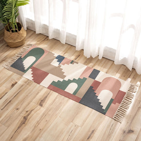 Colour Irregular Geometric Pattern Cotton Linen Area Rug with Tassel Hand Woven Floor Carpet Rug for Living Room Bedroom