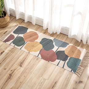 Colour Lotus Leaves Pattern Cotton Linen Area Rug with Tassel Hand Woven Floor Carpet Rug for Living Room Bedroom