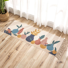 Colourful Vase Pattern Cotton Linen Area Rug with Tassel Hand Woven Floor Carpet Rug for Living Room Bedroom