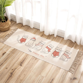 Cute Cartoon Kitten Pattern Cotton Linen Area Rug with Tassel Hand Woven Floor Carpet Rug for Living Room Bedroom