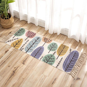 Coloured Tree Pattern Cotton Linen Area Rug with Tassel Hand Woven Floor Carpet Rug for Living Room Bedroom