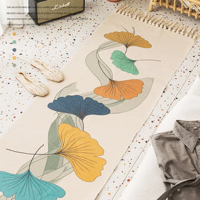 Beautiful Ginkgo Leaves Pattern Cotton Linen Area Rug with Tassel Hand Woven Floor Carpet Rug for Living Room Bedroom