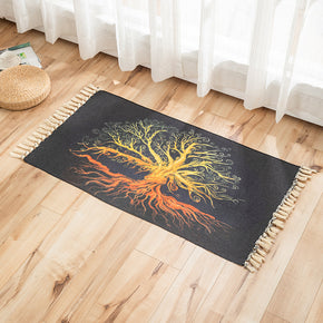 Big Tree Pattern Cotton Linen Area Rug with Tassel Hand Woven Floor Carpet Rug for Living Room Bedroom