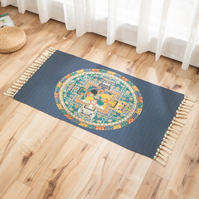 Colour Circular Pattern Cotton Linen Area Rug with Tassel Hand Woven Floor Carpet Rug for Living Room Bedroom