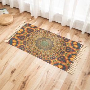 Brown Blue Circular Pattern Cotton Linen Area Rug with Tassel Hand Woven Floor Carpet Rug for Living Room Bedroom