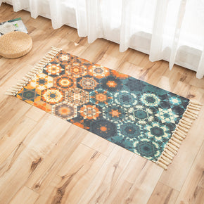 Colourful Hexagon Pattern Cotton Linen Area Rug with Tassel Hand Woven Floor Carpet Rug for Living Room Bedroom