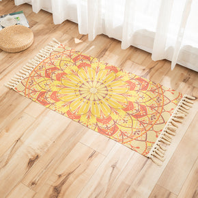 Yellow Orange Flower Pattern Cotton Linen Area Rug with Tassel Hand Woven Floor Carpet Rug for Living Room Bedroom