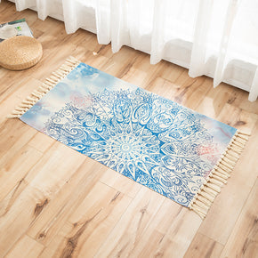 Blue Flower Pattern Cotton Linen Area Rug with Tassel Hand Woven Floor Carpet Rug for Living Room Bedroom