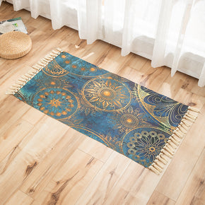 Yellow Round Flower Pattern Cotton Linen Area Rug with Tassel Hand Woven Floor Carpet Rug for Living Room Bedroom