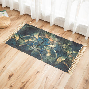 Dark Green Petals Pattern Cotton Linen Area Rug with Tassel Hand Woven Floor Carpet Rug for Living Room Bedroom