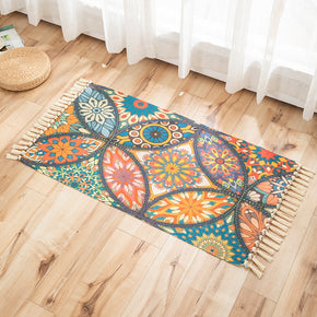 Coloured Printed Pattern Cotton Linen Area Rug with Tassel Hand Woven Floor Carpet Rug for Living Room Bedroom