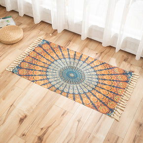 Orange Three-dimensional Printed Pattern Cotton Linen Area Rug with Tassel Hand Woven Floor Carpet Rug for Living Room Bedroom