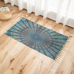 Green Three-dimensional Printed Pattern Cotton Linen Area Rug with Tassel Hand Woven Floor Carpet Rug for Living Room Bedroom