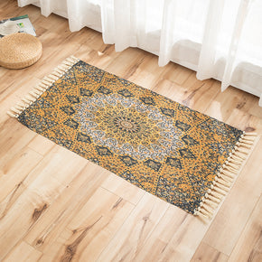 Yellow Three-dimensional Printed Pattern Cotton Linen Area Rug with Tassel Hand Woven Floor Carpet Rug for Living Room Bedroom